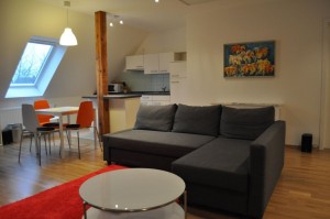 Sitzecke, Esstisch und Küchenzeile der Ferienwohnung "Leine" in Eickeloh im Aller-Leine-Tal